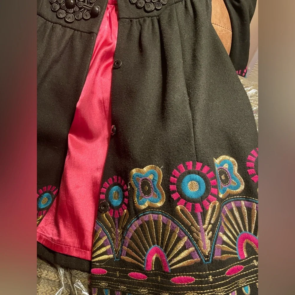 Anthropologie Plenty by Tracy Reese black wool coat with embroidery, sz 10 - Picture 7 of 13